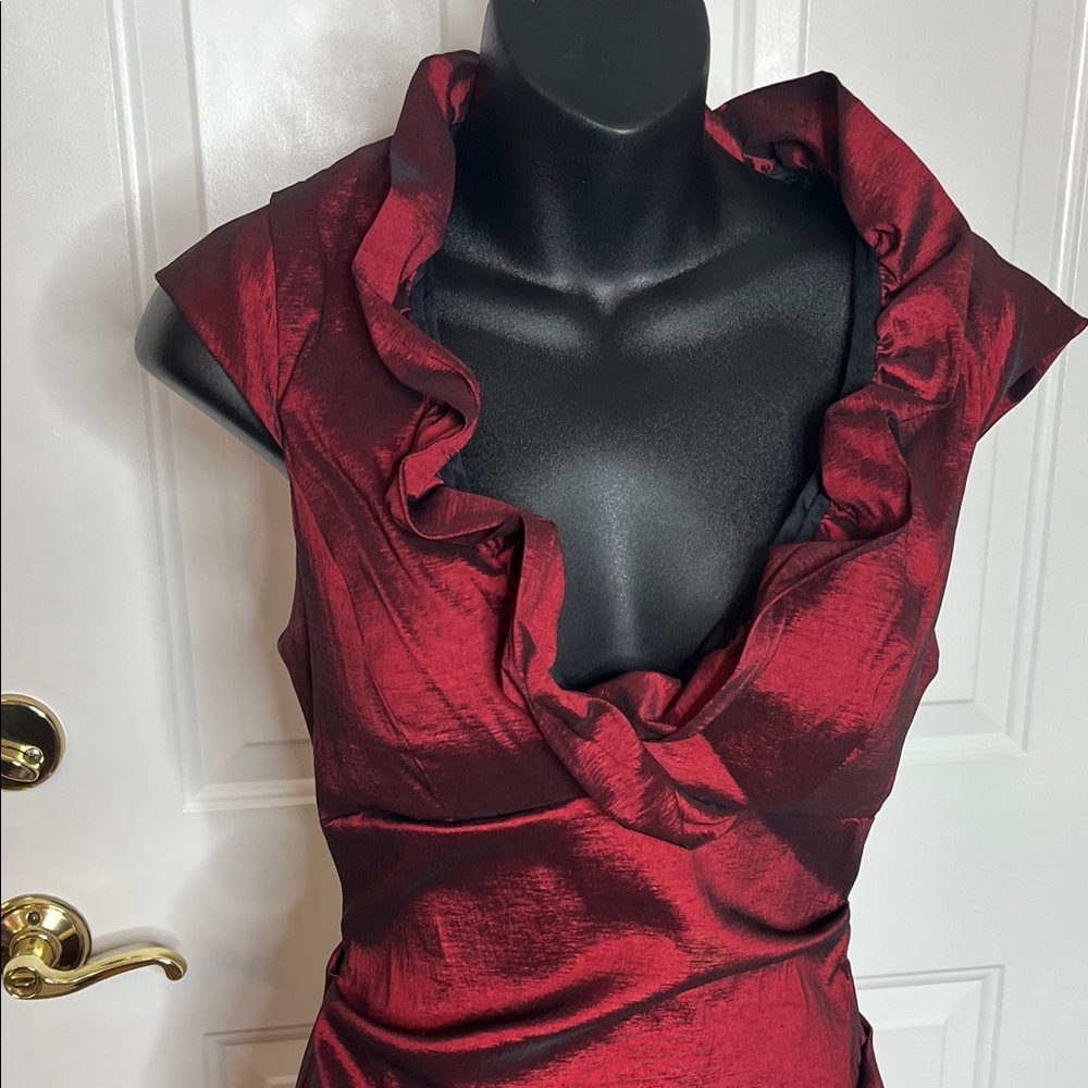Chic Burgundy Ruffle Midi Dress - Picture 2 of 6